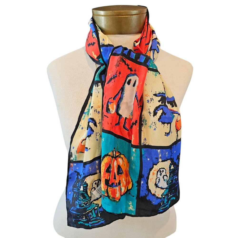 Echo Halloween Silk Scarf Ghost Witch Pumpkin Cat Grid Print Multicolor Oblong